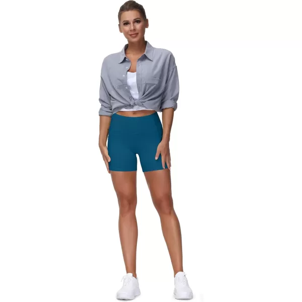 THE GYM PEOPLE High Waist Yoga Shorts for Womens Tummy Control Fitness Athletic Workout Running Shorts with Deep PocketsDark Blue Green