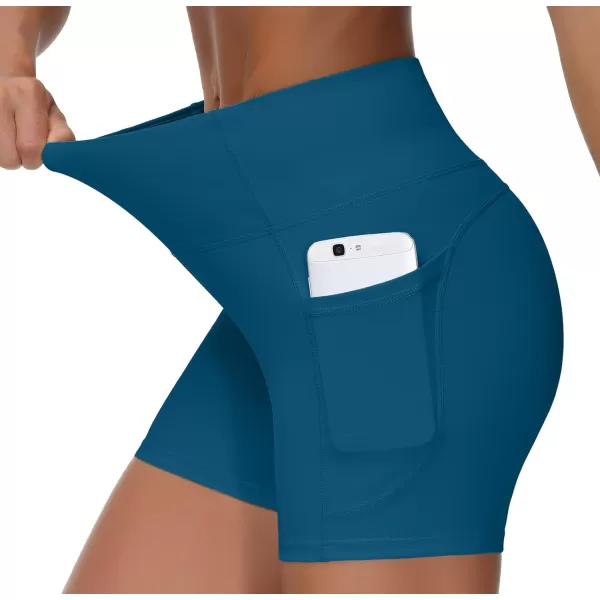 THE GYM PEOPLE High Waist Yoga Shorts for Womens Tummy Control Fitness Athletic Workout Running Shorts with Deep PocketsDark Blue Green