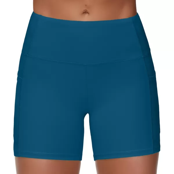 THE GYM PEOPLE High Waist Yoga Shorts for Womens Tummy Control Fitness Athletic Workout Running Shorts with Deep PocketsDark Blue Green