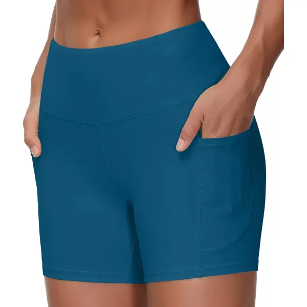 THE GYM PEOPLE High Waist Yoga Shorts for Womens Tummy Control Fitness Athletic Workout Running Shorts with Deep PocketsDark Blue Green