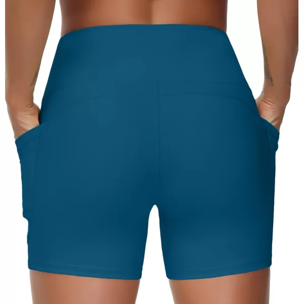 THE GYM PEOPLE High Waist Yoga Shorts for Womens Tummy Control Fitness Athletic Workout Running Shorts with Deep PocketsDark Blue Green