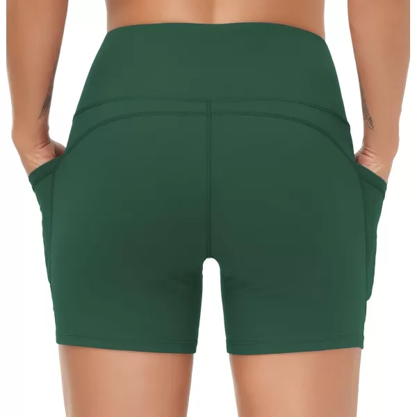 THE GYM PEOPLE High Waist Yoga Shorts for Womens Tummy Control Fitness Athletic Workout Running Shorts with Deep PocketsDark Green