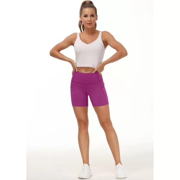 THE GYM PEOPLE High Waist Yoga Shorts for Womens Tummy Control Fitness Athletic Workout Running Shorts with Deep PocketsFuchsia