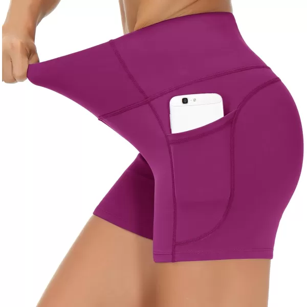 THE GYM PEOPLE High Waist Yoga Shorts for Womens Tummy Control Fitness Athletic Workout Running Shorts with Deep PocketsFuchsia
