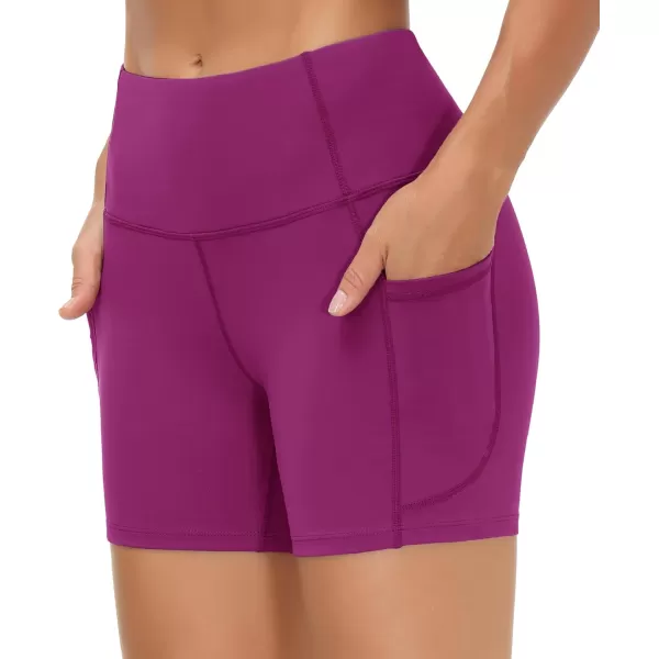 THE GYM PEOPLE High Waist Yoga Shorts for Womens Tummy Control Fitness Athletic Workout Running Shorts with Deep PocketsFuchsia