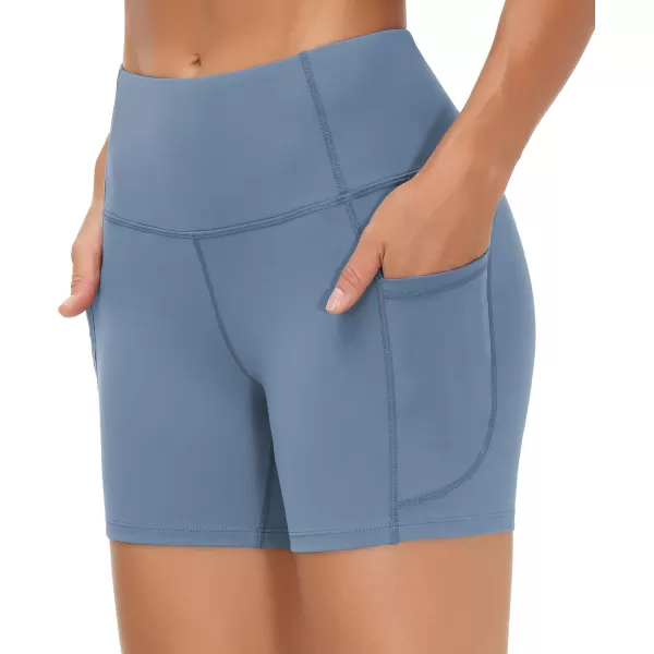 THE GYM PEOPLE High Waist Yoga Shorts for Womens Tummy Control Fitness Athletic Workout Running Shorts with Deep PocketsGrey Blue