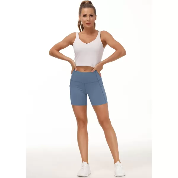 THE GYM PEOPLE High Waist Yoga Shorts for Womens Tummy Control Fitness Athletic Workout Running Shorts with Deep PocketsGrey Blue