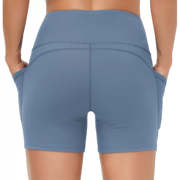 THE GYM PEOPLE High Waist Yoga Shorts for Womens Tummy Control Fitness Athletic Workout Running Shorts with Deep PocketsGrey Blue