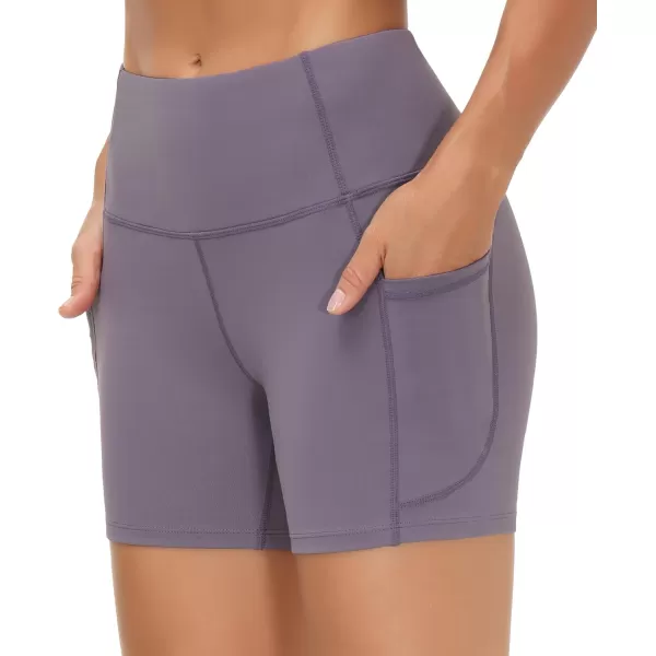 THE GYM PEOPLE High Waist Yoga Shorts for Womens Tummy Control Fitness Athletic Workout Running Shorts with Deep PocketsGrey Purple