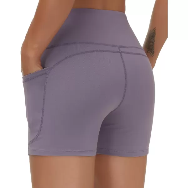 THE GYM PEOPLE High Waist Yoga Shorts for Womens Tummy Control Fitness Athletic Workout Running Shorts with Deep PocketsGrey Purple