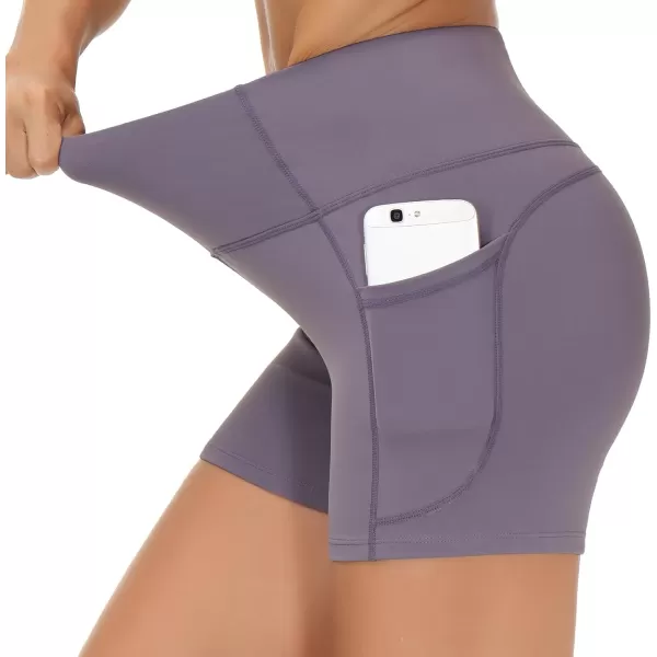 THE GYM PEOPLE High Waist Yoga Shorts for Womens Tummy Control Fitness Athletic Workout Running Shorts with Deep PocketsGrey Purple