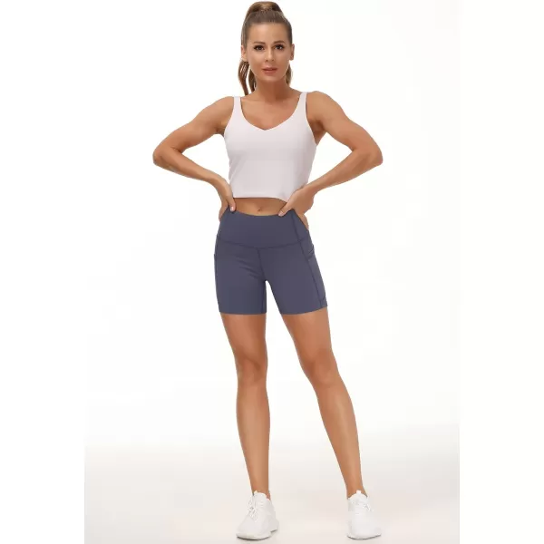 THE GYM PEOPLE High Waist Yoga Shorts for Womens Tummy Control Fitness Athletic Workout Running Shorts with Deep PocketsInk Blue