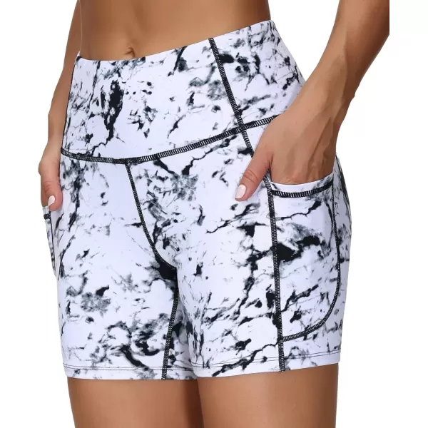 THE GYM PEOPLE High Waist Yoga Shorts for Womens Tummy Control Fitness Athletic Workout Running Shorts with Deep PocketsMarble White
