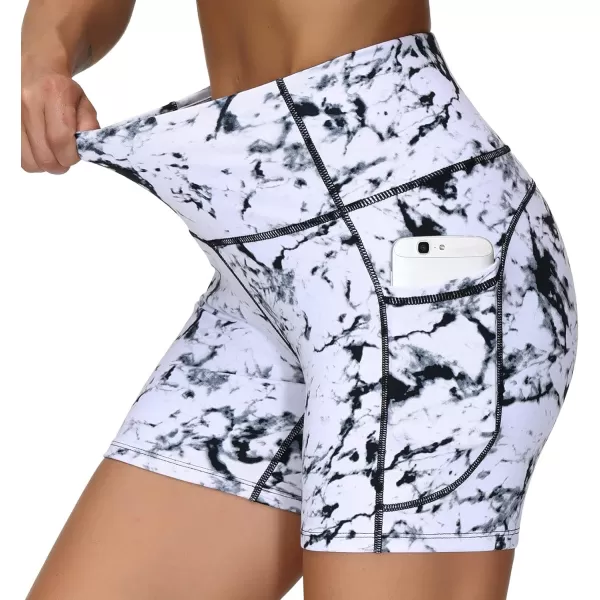 THE GYM PEOPLE High Waist Yoga Shorts for Womens Tummy Control Fitness Athletic Workout Running Shorts with Deep PocketsMarble White