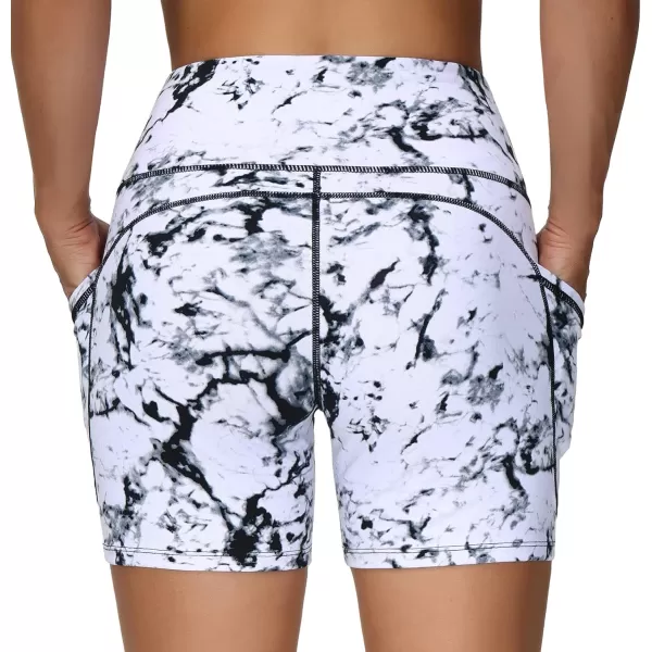 THE GYM PEOPLE High Waist Yoga Shorts for Womens Tummy Control Fitness Athletic Workout Running Shorts with Deep PocketsMarble White