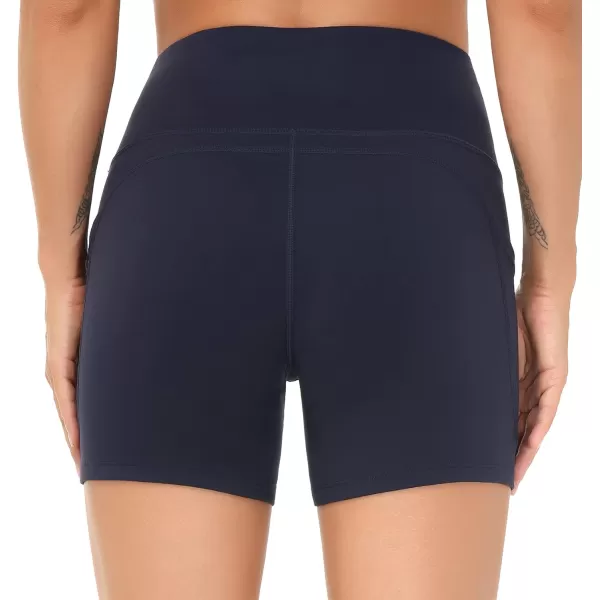 THE GYM PEOPLE High Waist Yoga Shorts for Womens Tummy Control Fitness Athletic Workout Running Shorts with Deep PocketsNavy Blue