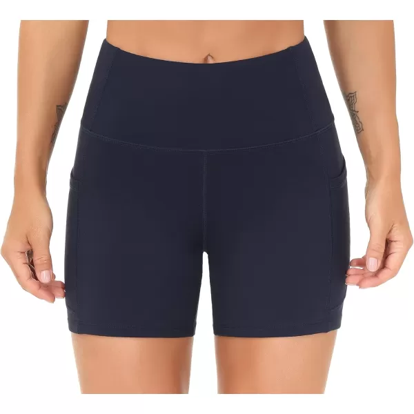 THE GYM PEOPLE High Waist Yoga Shorts for Womens Tummy Control Fitness Athletic Workout Running Shorts with Deep PocketsNavy Blue