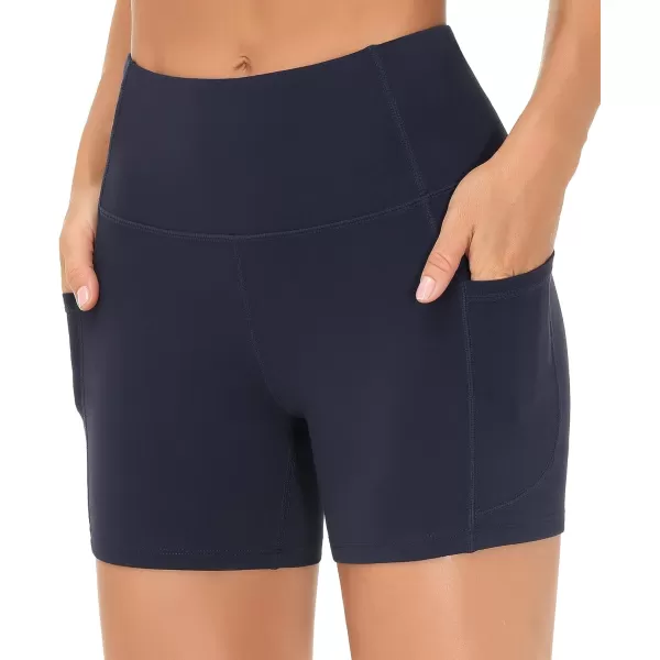 THE GYM PEOPLE High Waist Yoga Shorts for Womens Tummy Control Fitness Athletic Workout Running Shorts with Deep PocketsNavy Blue