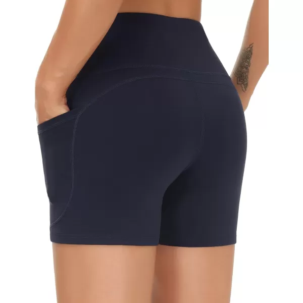 THE GYM PEOPLE High Waist Yoga Shorts for Womens Tummy Control Fitness Athletic Workout Running Shorts with Deep PocketsNavy Blue