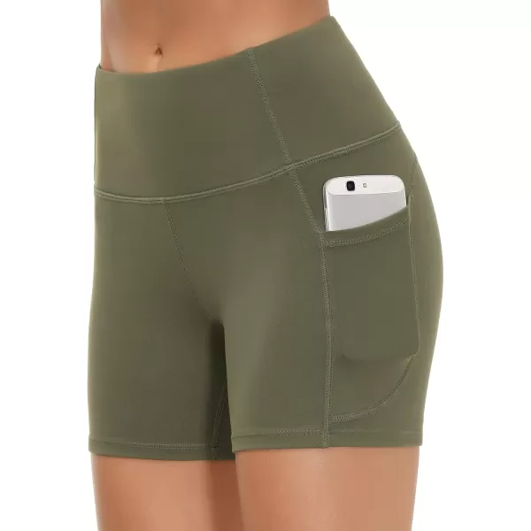 THE GYM PEOPLE High Waist Yoga Shorts for Womens Tummy Control Fitness Athletic Workout Running Shorts with Deep PocketsOlive Green