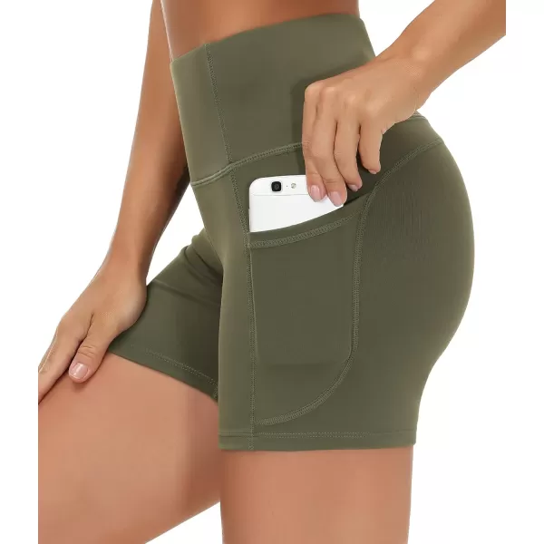 THE GYM PEOPLE High Waist Yoga Shorts for Womens Tummy Control Fitness Athletic Workout Running Shorts with Deep PocketsOlive Green