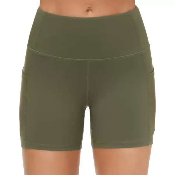 THE GYM PEOPLE High Waist Yoga Shorts for Womens Tummy Control Fitness Athletic Workout Running Shorts with Deep PocketsOlive Green