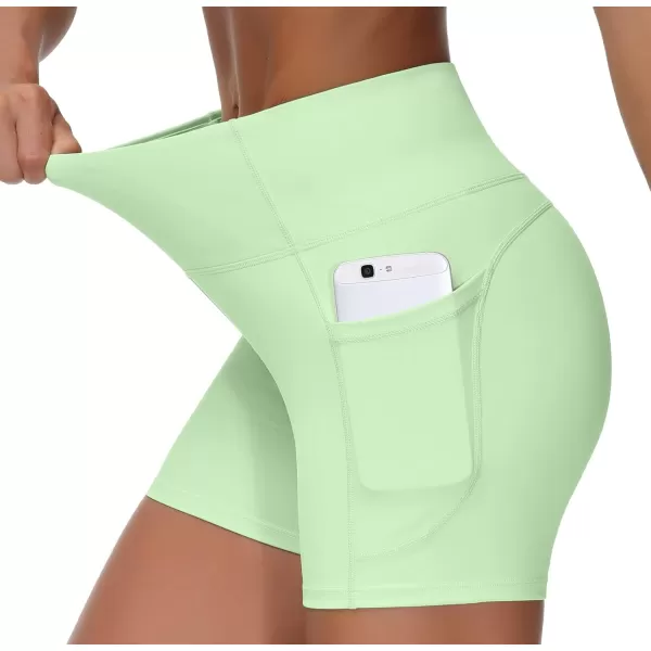 THE GYM PEOPLE High Waist Yoga Shorts for Womens Tummy Control Fitness Athletic Workout Running Shorts with Deep PocketsPale Green