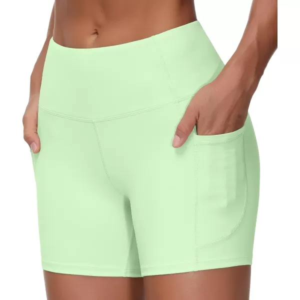 THE GYM PEOPLE High Waist Yoga Shorts for Womens Tummy Control Fitness Athletic Workout Running Shorts with Deep PocketsPale Green
