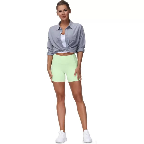 THE GYM PEOPLE High Waist Yoga Shorts for Womens Tummy Control Fitness Athletic Workout Running Shorts with Deep PocketsPale Green