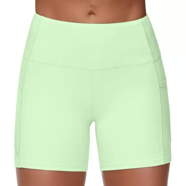 THE GYM PEOPLE High Waist Yoga Shorts for Womens Tummy Control Fitness Athletic Workout Running Shorts with Deep PocketsPale Green
