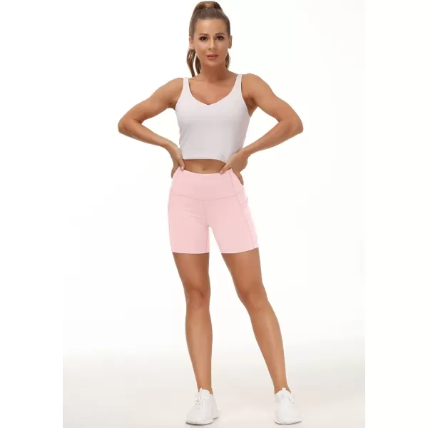 THE GYM PEOPLE High Waist Yoga Shorts for Womens Tummy Control Fitness Athletic Workout Running Shorts with Deep PocketsPink