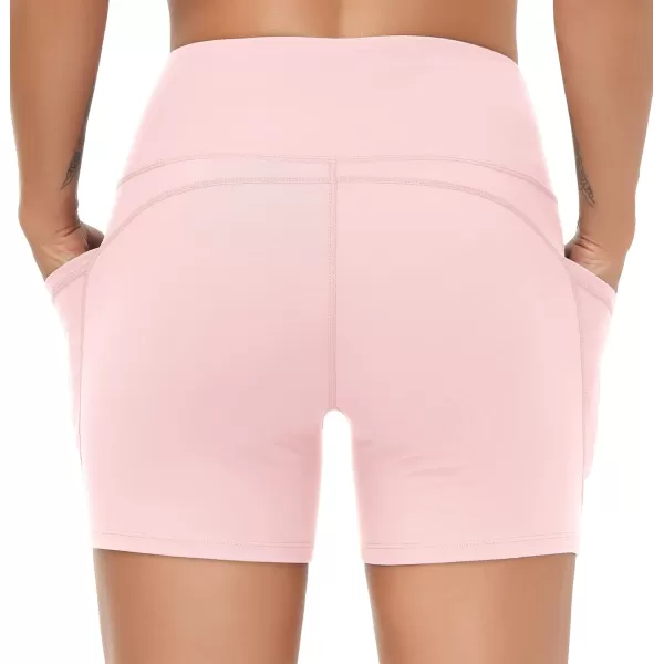 THE GYM PEOPLE High Waist Yoga Shorts for Womens Tummy Control Fitness Athletic Workout Running Shorts with Deep PocketsPink