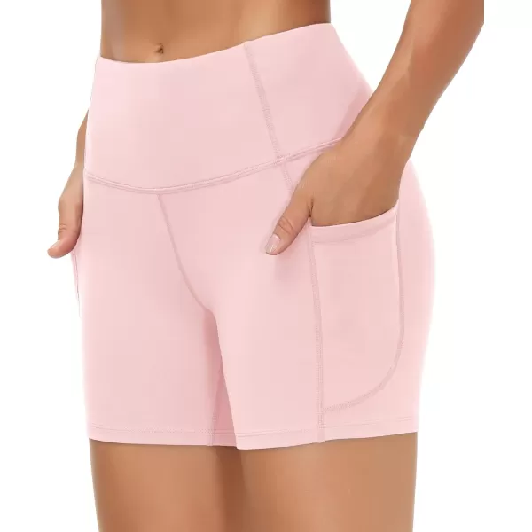 THE GYM PEOPLE High Waist Yoga Shorts for Womens Tummy Control Fitness Athletic Workout Running Shorts with Deep PocketsPink