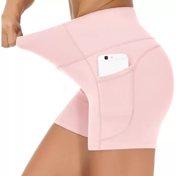 THE GYM PEOPLE High Waist Yoga Shorts for Womens Tummy Control Fitness Athletic Workout Running Shorts with Deep PocketsPink