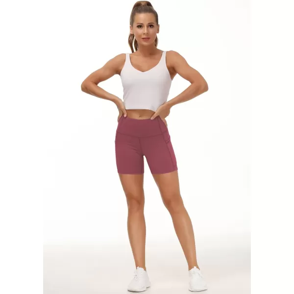THE GYM PEOPLE High Waist Yoga Shorts for Womens Tummy Control Fitness Athletic Workout Running Shorts with Deep PocketsRose Red