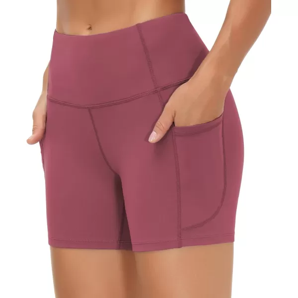THE GYM PEOPLE High Waist Yoga Shorts for Womens Tummy Control Fitness Athletic Workout Running Shorts with Deep PocketsRose Red