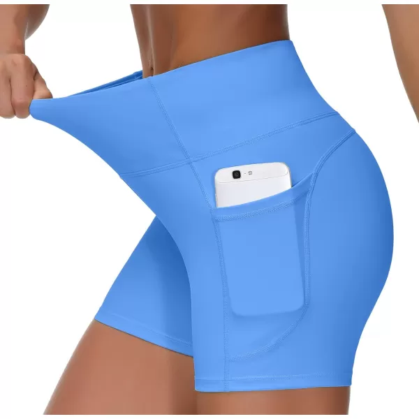 THE GYM PEOPLE High Waist Yoga Shorts for Womens Tummy Control Fitness Athletic Workout Running Shorts with Deep PocketsSea Blue