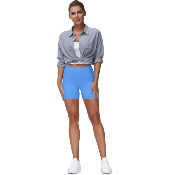 THE GYM PEOPLE High Waist Yoga Shorts for Womens Tummy Control Fitness Athletic Workout Running Shorts with Deep PocketsSea Blue