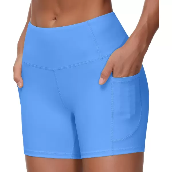 THE GYM PEOPLE High Waist Yoga Shorts for Womens Tummy Control Fitness Athletic Workout Running Shorts with Deep PocketsSea Blue
