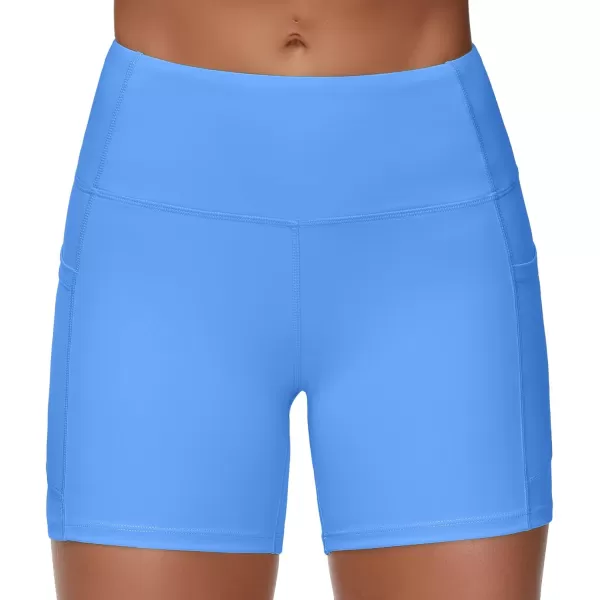 THE GYM PEOPLE High Waist Yoga Shorts for Womens Tummy Control Fitness Athletic Workout Running Shorts with Deep PocketsSea Blue