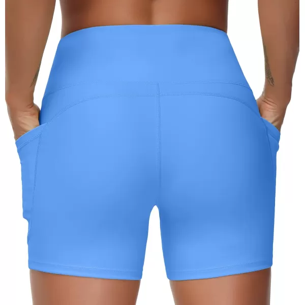 THE GYM PEOPLE High Waist Yoga Shorts for Womens Tummy Control Fitness Athletic Workout Running Shorts with Deep PocketsSea Blue
