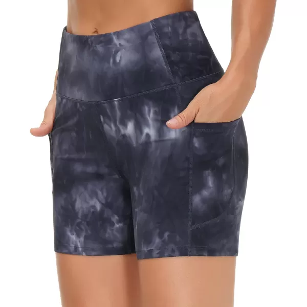 THE GYM PEOPLE High Waist Yoga Shorts for Womens Tummy Control Fitness Athletic Workout Running Shorts with Deep PocketsTie Dye Black Grey