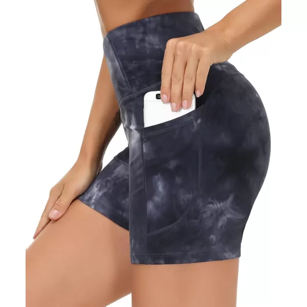 THE GYM PEOPLE High Waist Yoga Shorts for Womens Tummy Control Fitness Athletic Workout Running Shorts with Deep PocketsTie Dye Black Grey