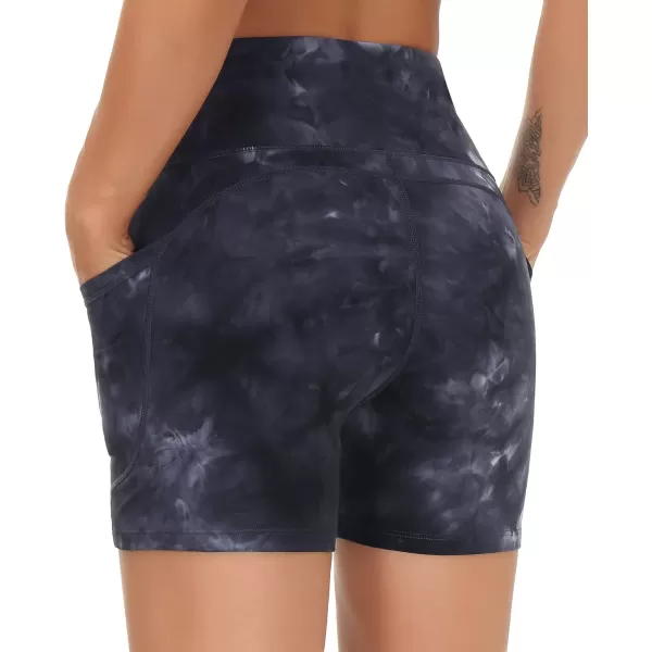 THE GYM PEOPLE High Waist Yoga Shorts for Womens Tummy Control Fitness Athletic Workout Running Shorts with Deep PocketsTie Dye Black Grey