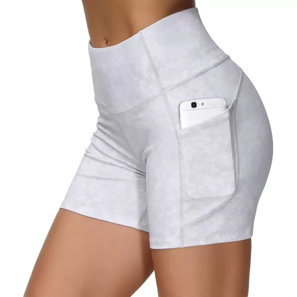 THE GYM PEOPLE High Waist Yoga Shorts for Womens Tummy Control Fitness Athletic Workout Running Shorts with Deep PocketsTie Dye White