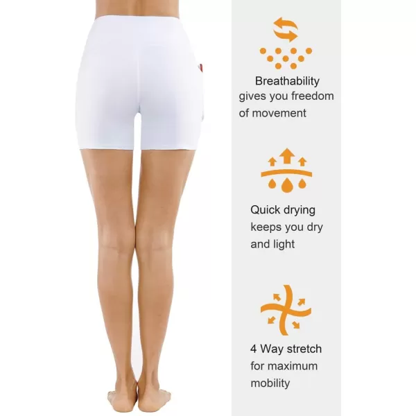 THE GYM PEOPLE High Waist Yoga Shorts for Womens Tummy Control Fitness Athletic Workout Running Shorts with Deep PocketsWhite