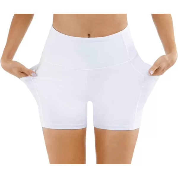 THE GYM PEOPLE High Waist Yoga Shorts for Womens Tummy Control Fitness Athletic Workout Running Shorts with Deep PocketsWhite