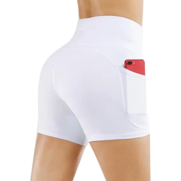 THE GYM PEOPLE High Waist Yoga Shorts for Womens Tummy Control Fitness Athletic Workout Running Shorts with Deep PocketsWhite