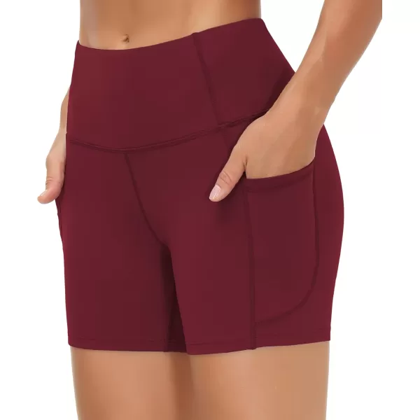 THE GYM PEOPLE High Waist Yoga Shorts for Womens Tummy Control Fitness Athletic Workout Running Shorts with Deep PocketsWine Red