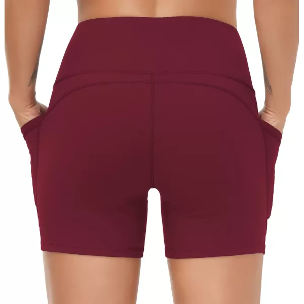 THE GYM PEOPLE High Waist Yoga Shorts for Womens Tummy Control Fitness Athletic Workout Running Shorts with Deep PocketsWine Red